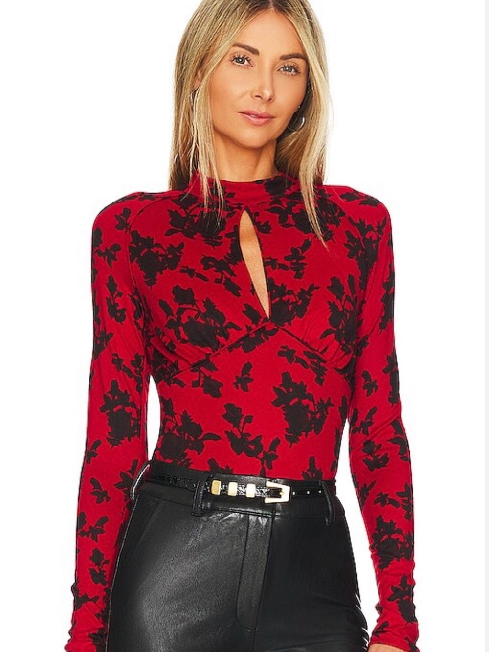 Free People Red and Black “Dinner Party”Floral Keyhole Long-Sleeve Top